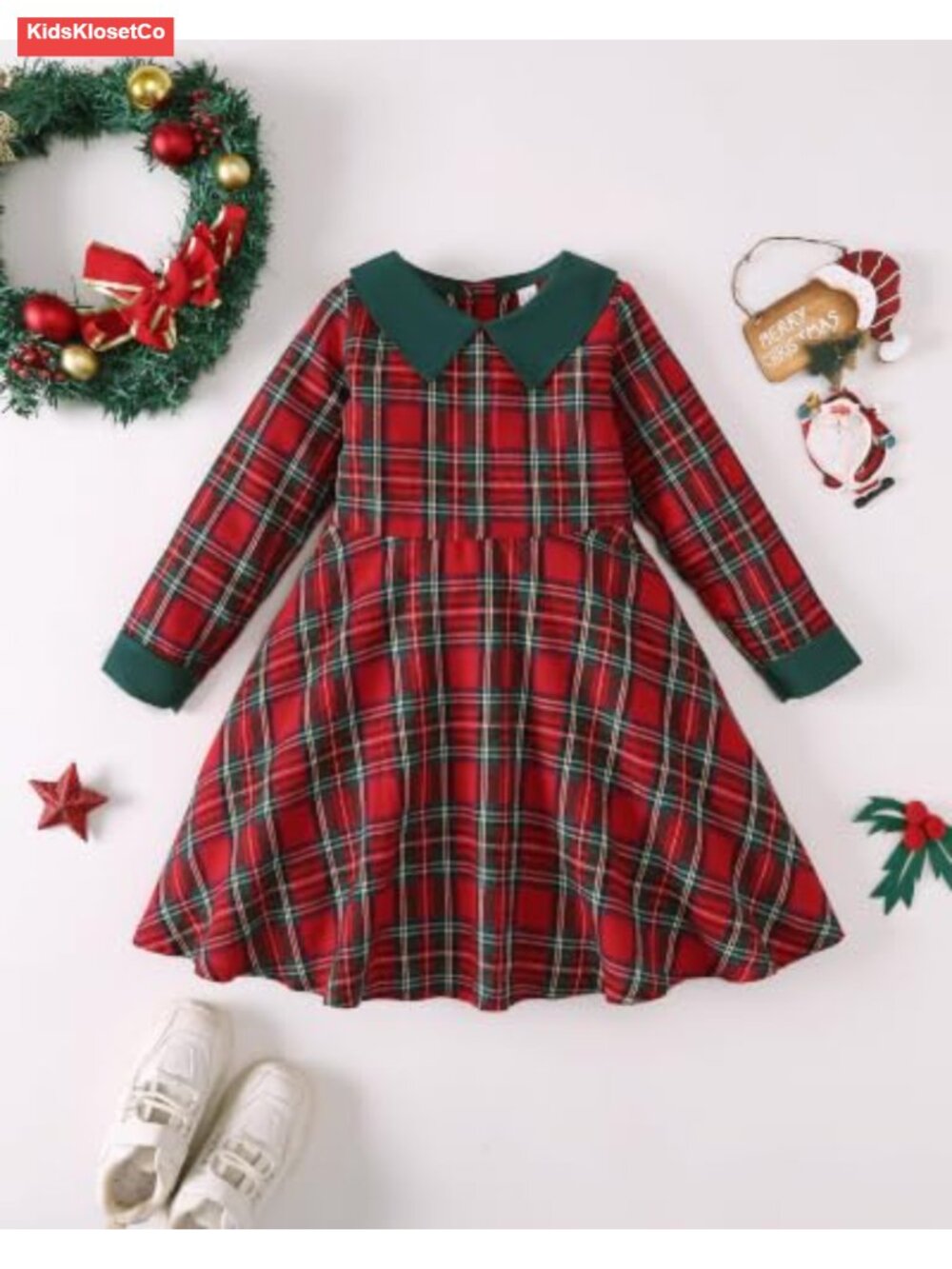 Girls Long Sleeve Plaid Dress with Peter Pan Collar - Picture 3 of 6
